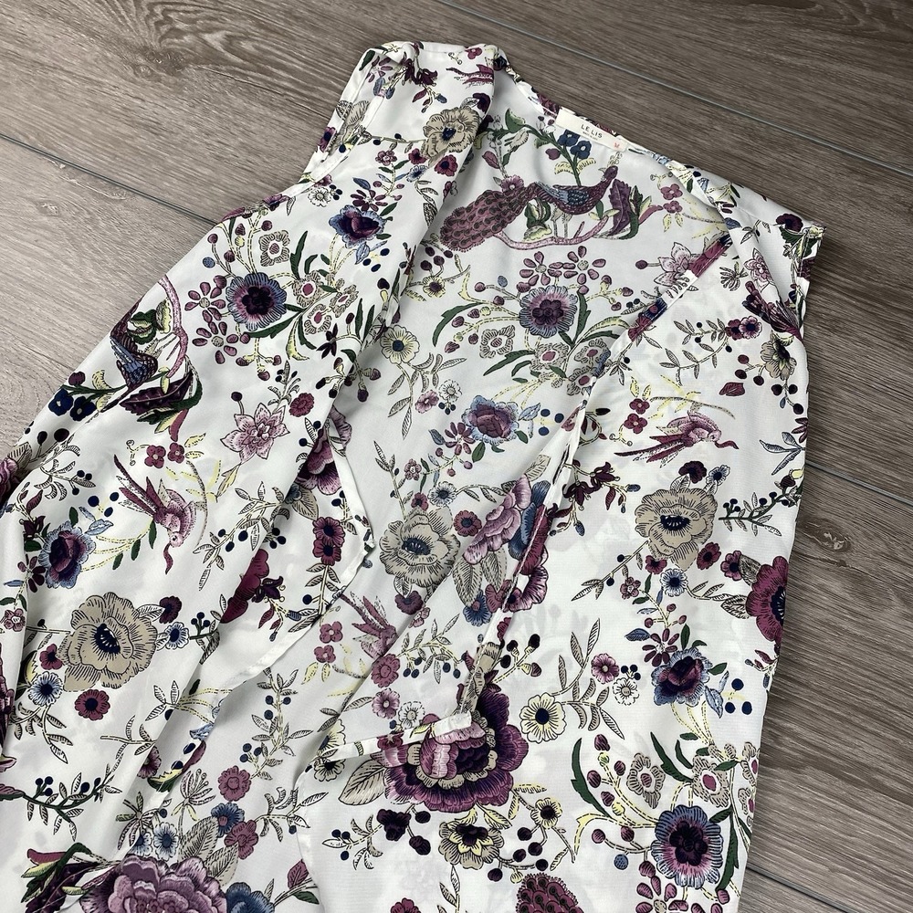 Le Lis Women's Long Open Sleeveless Cardigan White Purple Floral Medium